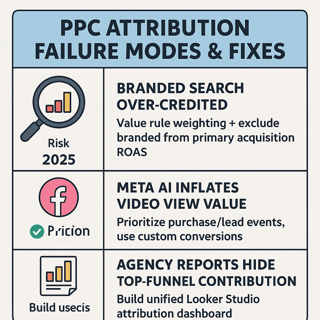 Infographic showing PPC attribution failure modes and fixes in 2026, including branded search over-credit, Meta AI inflating video views, and agency reports hiding TOFU value, with solutions like value rules, custom conversions, and unified dashboards.