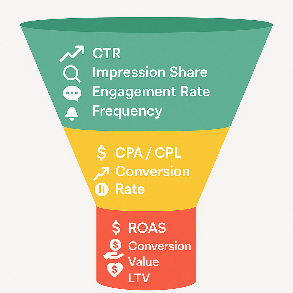 Diagram of performance marketing KPIs for 2026 mapped to TOFU, MOFU, BOFU stages, including CTR, impression share, CPA, conversion rate, ROAS, conversion value, and LTV.