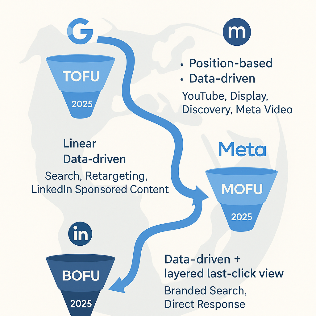 Visual map showing attribution alignment across Google, Meta, and LinkedIn in 2026 PPC funnels, illustrating TOFU position-based and data-driven models, MOFU linear and data-driven, and BOFU data-driven plus last-click view.