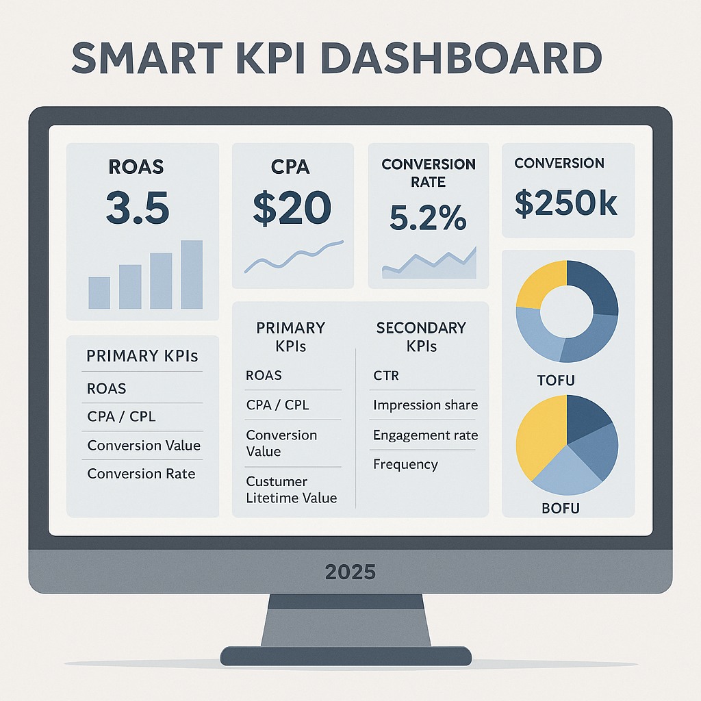 Mockup of a 2026 Looker Studio-style performance marketing dashboard displaying ROAS, CPA, conversion rate, conversion value, primary and secondary KPIs, and pie charts for TOFU and BOFU metrics.