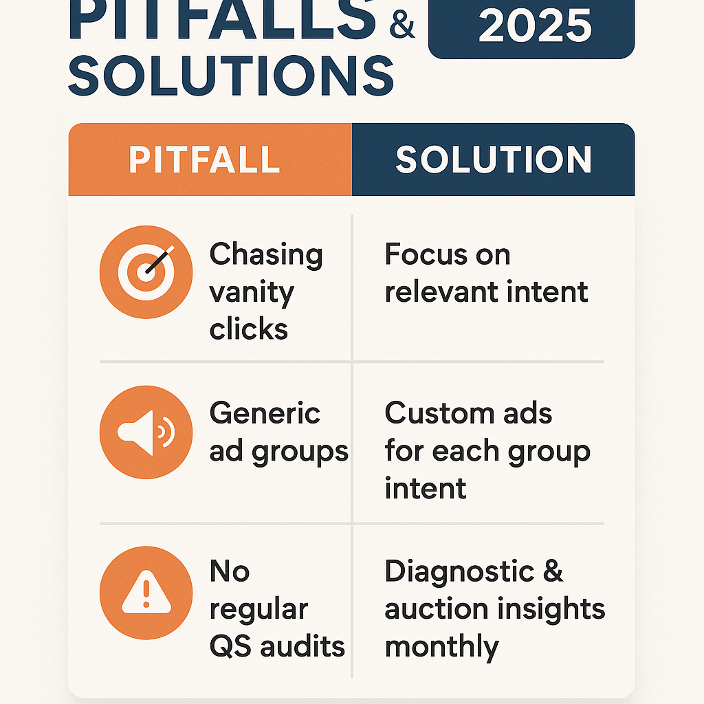 Infographic listing common Quality Score pitfalls in Google Ads 2026, including chasing vanity clicks, generic ad groups, and no regular audits, with solutions like focusing on intent, custom ads, and monthly diagnostics.