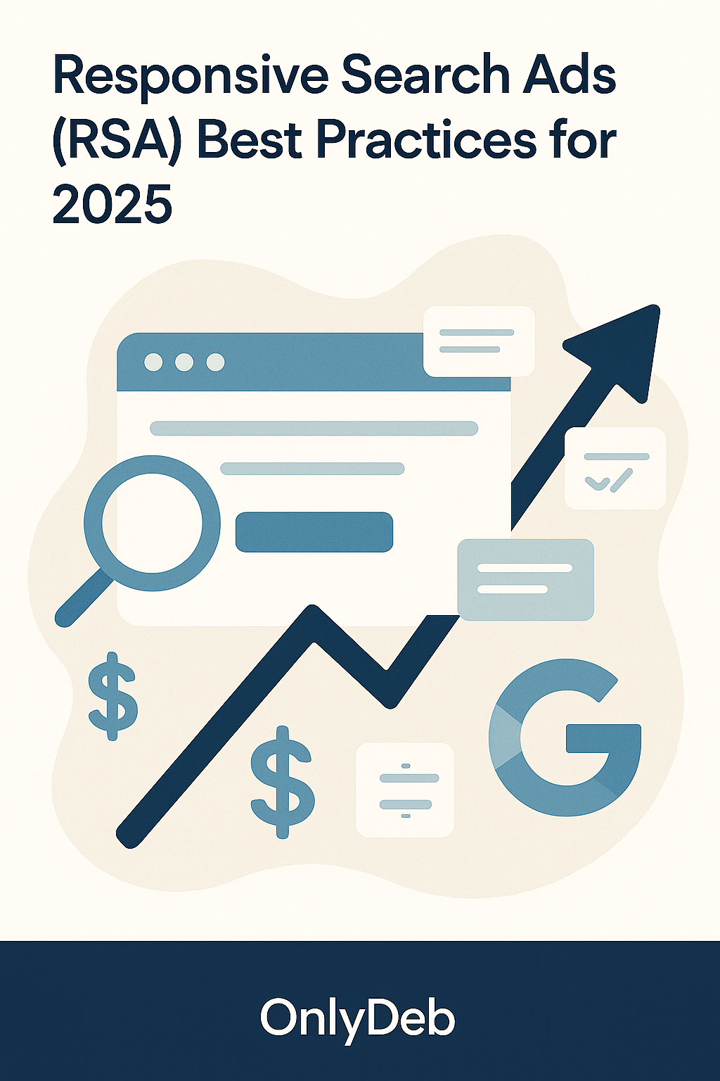 Hero graphic for Responsive Search Ads (RSA) Best Practices 2026, showing a browser window, magnifying glass, speech bubbles, rising arrow with dollar signs, and Google logo in a modern flat design.