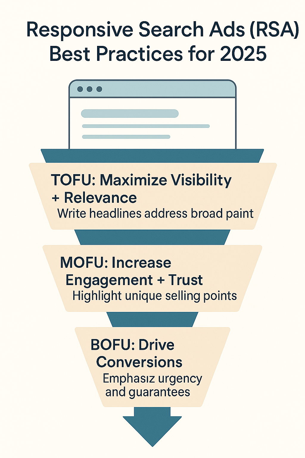 Diagram mapping RSA best practices to TOFU, MOFU, BOFU funnel stages, highlighting visibility, engagement, and conversion techniques.