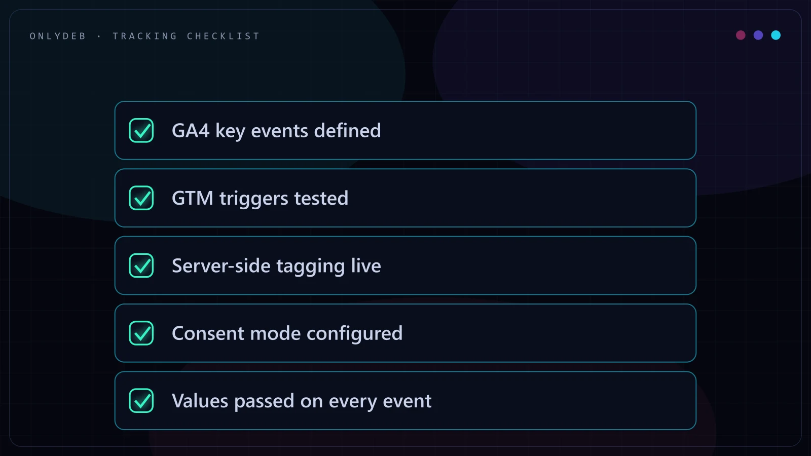 Checklist for conversion tracking: GA4 key events, GTM triggers, server-side tagging, consent mode, and values on every event
