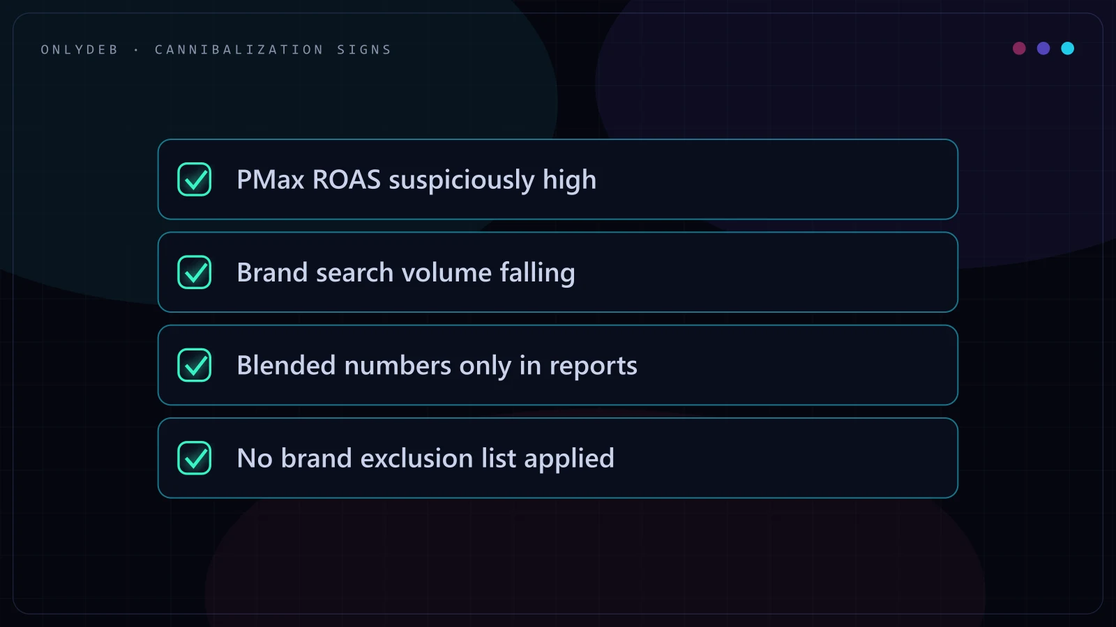 Checklist of four warning signs that Performance Max is cannibalizing branded search traffic