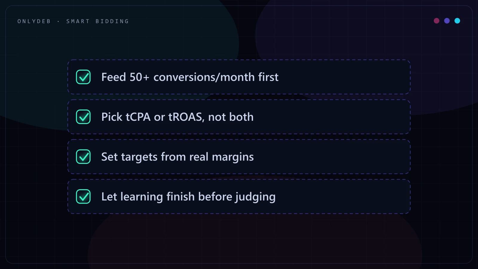 Blueprint checklist for Smart Bidding: data floor first, one target type, margin-based targets, and patience through learning