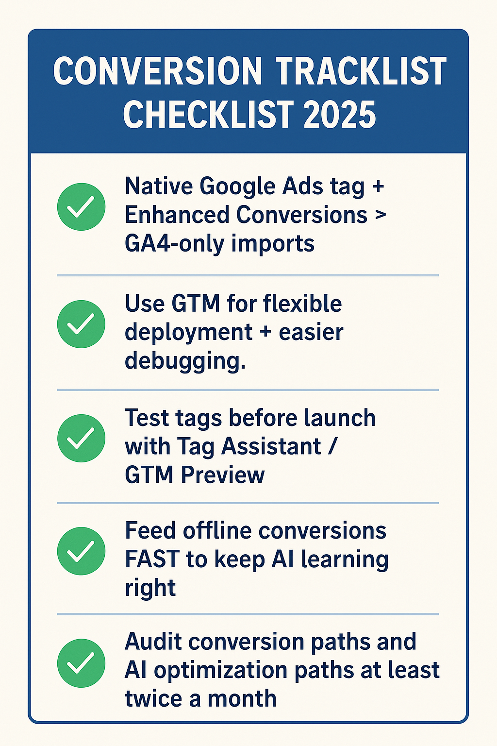 Checklist infographic outlining essential Google Ads conversion tracking setup steps for 2025, including native tags, Enhanced Conversions, GTM deployment, tag testing, offline conversion feeds, and bi-weekly audits.