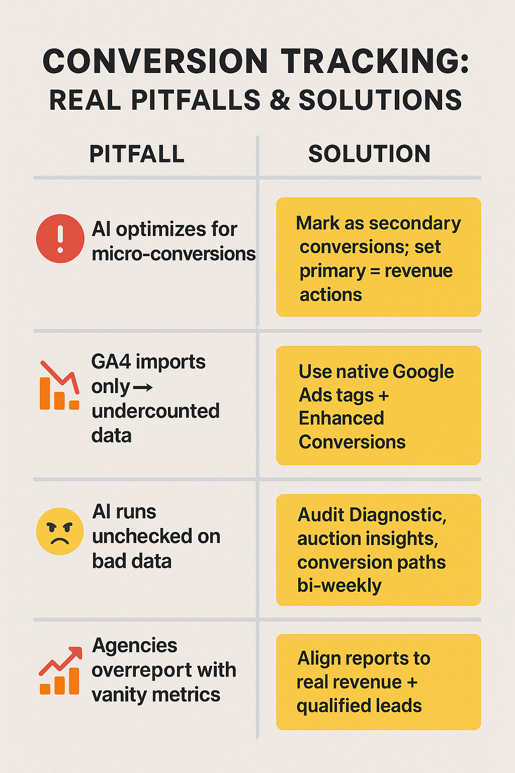 Infographic showing Google Ads conversion tracking pitfalls for 2025 like AI optimizing for micro-conversions, GA4 undercounting, bad data driving AI, and agencies overreporting vanity metrics, alongside solutions such as marking secondary conversions and using native tags.