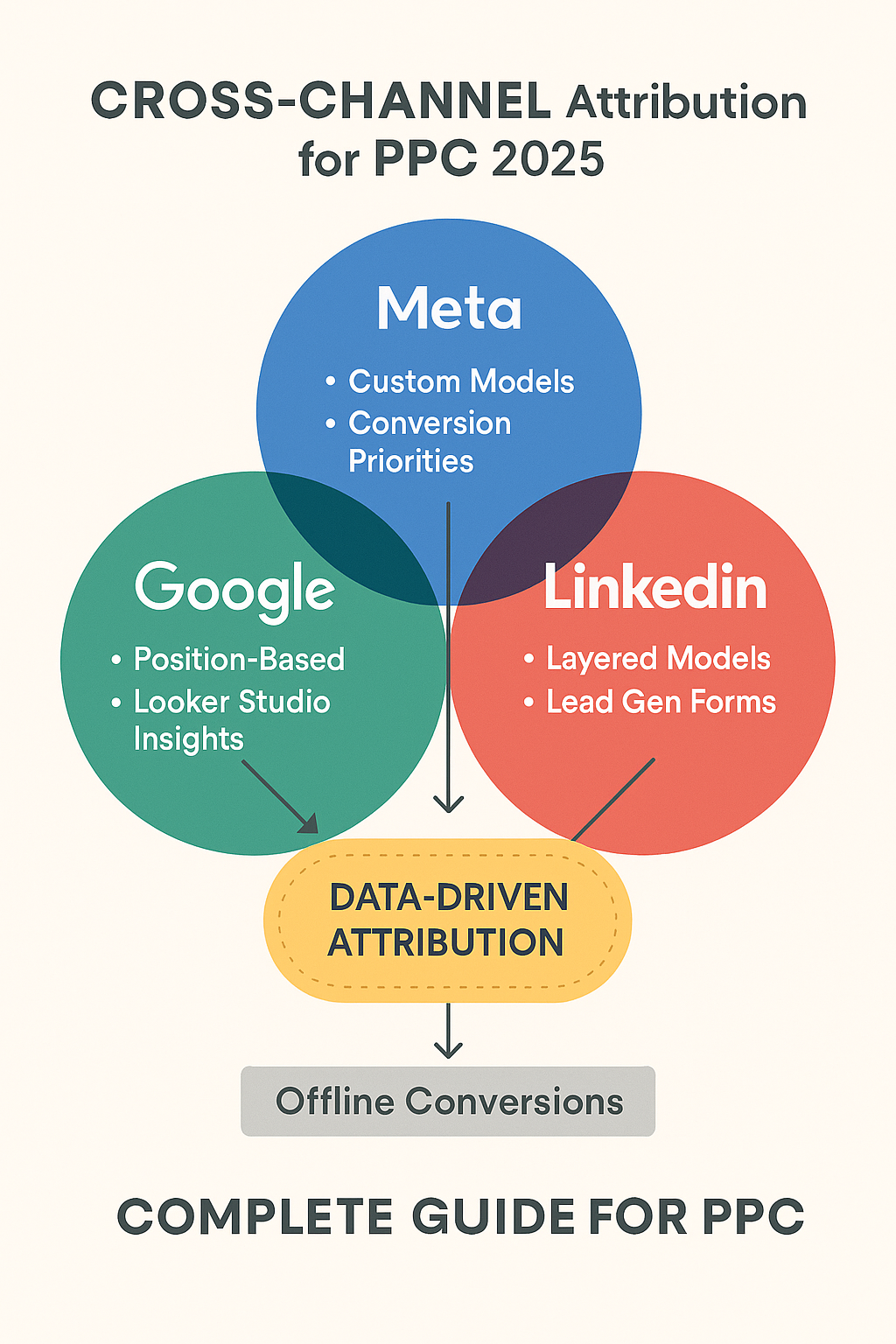 Infographic showing cross-channel PPC attribution for 2025 with Google, Meta, and LinkedIn Venn diagram linking to data-driven attribution, integrating position-based models, conversion priorities, lead gen forms, and offline conversions.