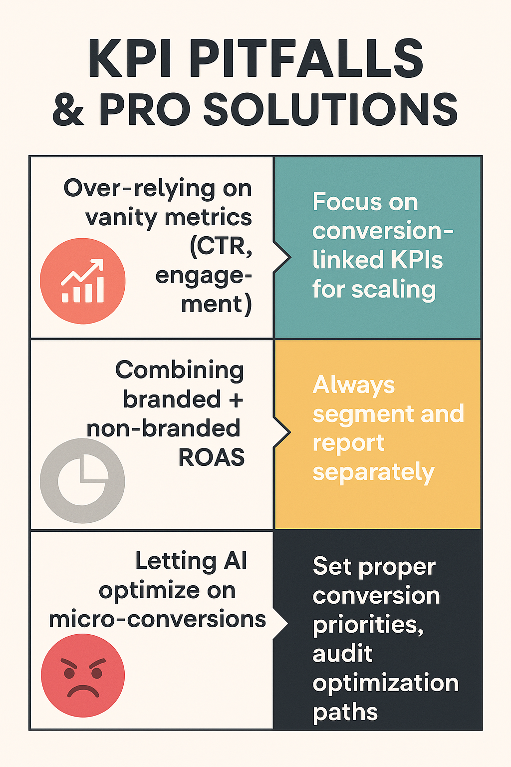 Infographic showing common KPI tracking pitfalls in 2025 and pro solutions, including over-relying on vanity metrics, combining branded and non-branded ROAS, and letting AI optimize micro-conversions, with fixes like focusing on conversion KPIs and proper segmentation.