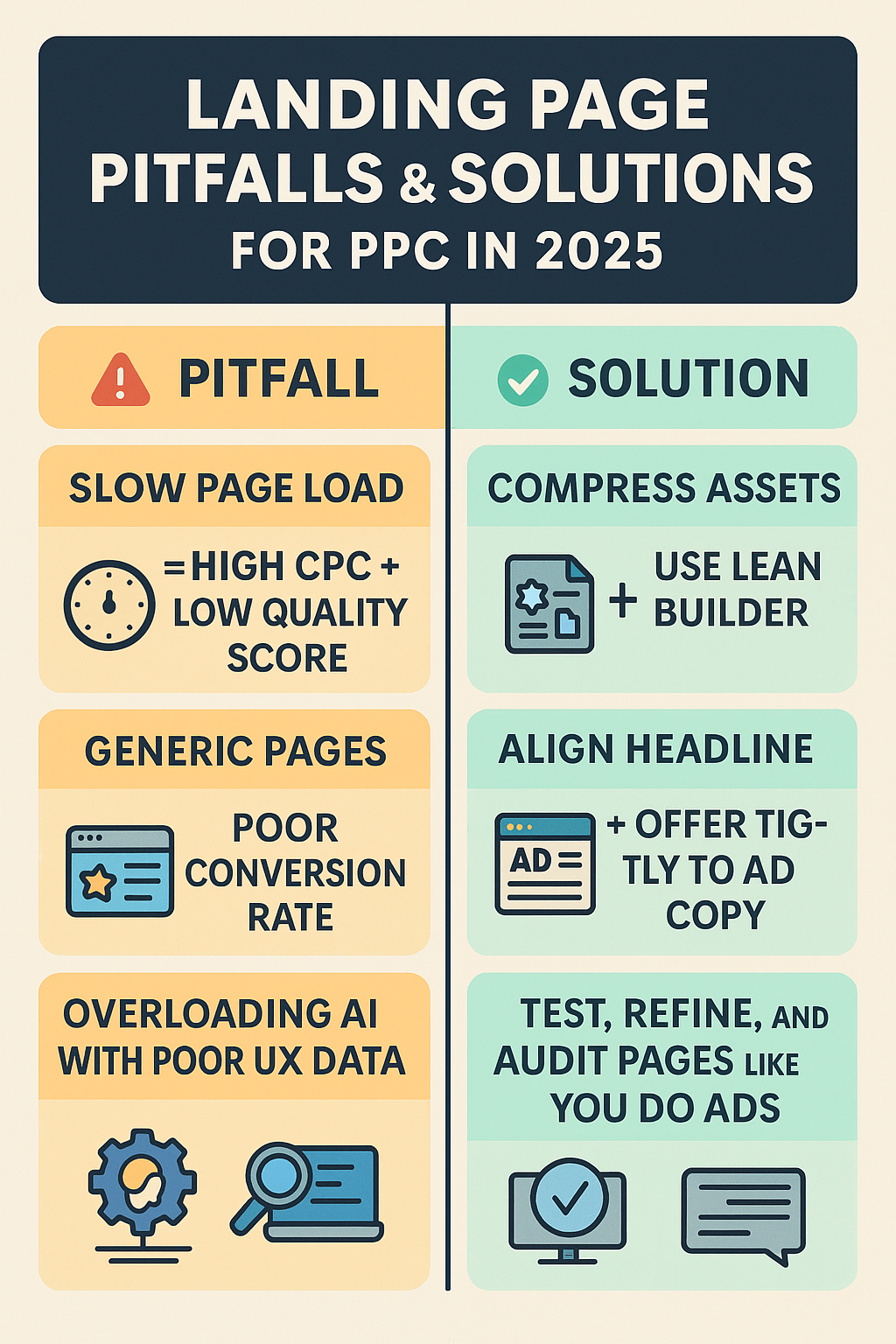 Infographic showing common PPC landing page pitfalls in 2025, including slow page load, generic pages, and poor UX data, paired with solutions like compressing assets, aligning headlines, and auditing pages like ads.
